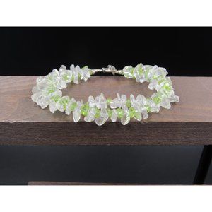 7" Sterling Silver Peridot And Quartz Stone Chips Bracelet Vintage Elegant